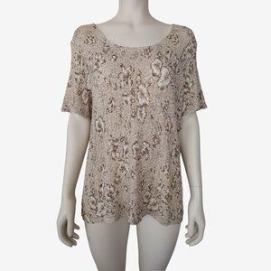 Worthington Tan Floral Popcorn Textured Stretch Short Sleeved Blouse 1X